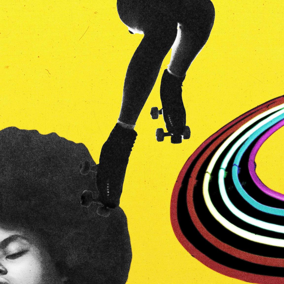 A collage of a person with an afro, rollerskates, and a colorful curve.
